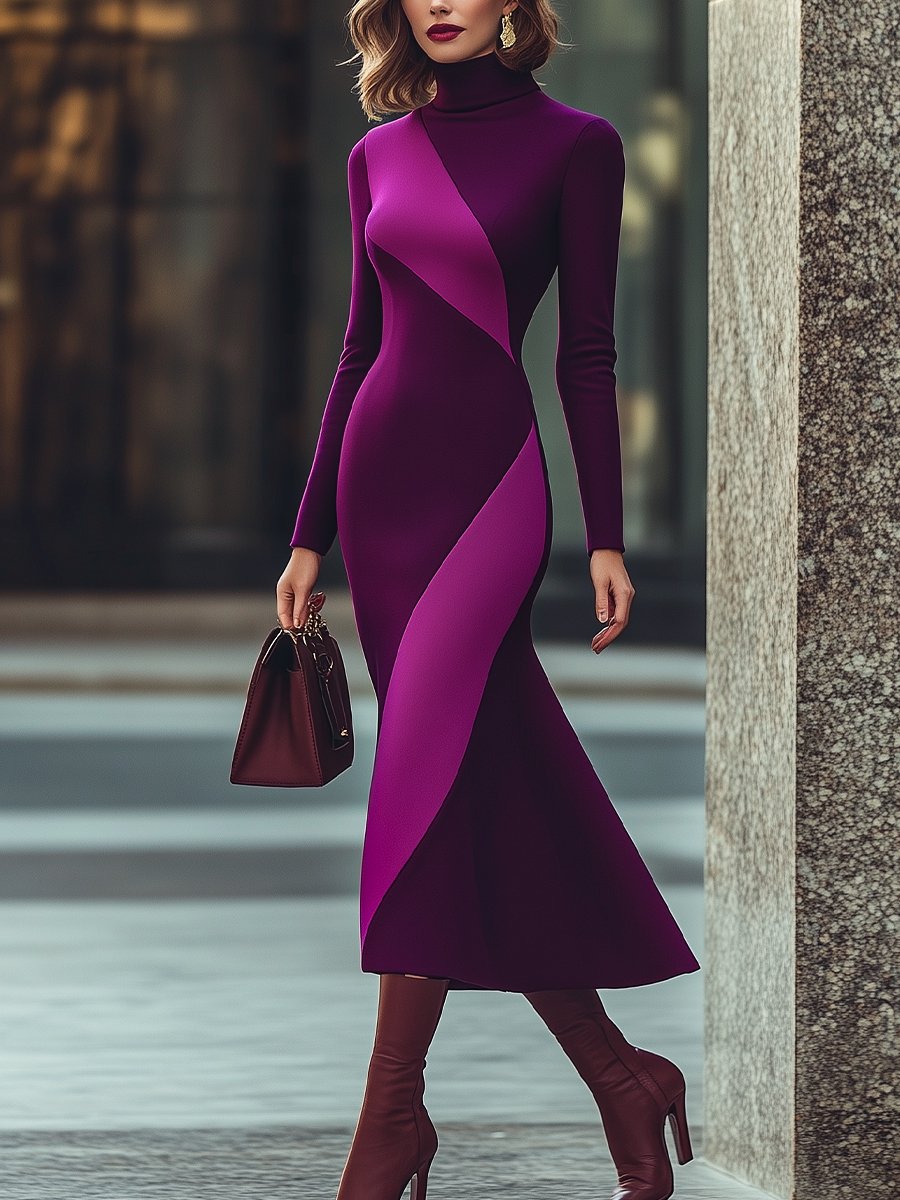 Elegant Plum and Lavender Slim-Fit High-Neck Dress MollyBoo