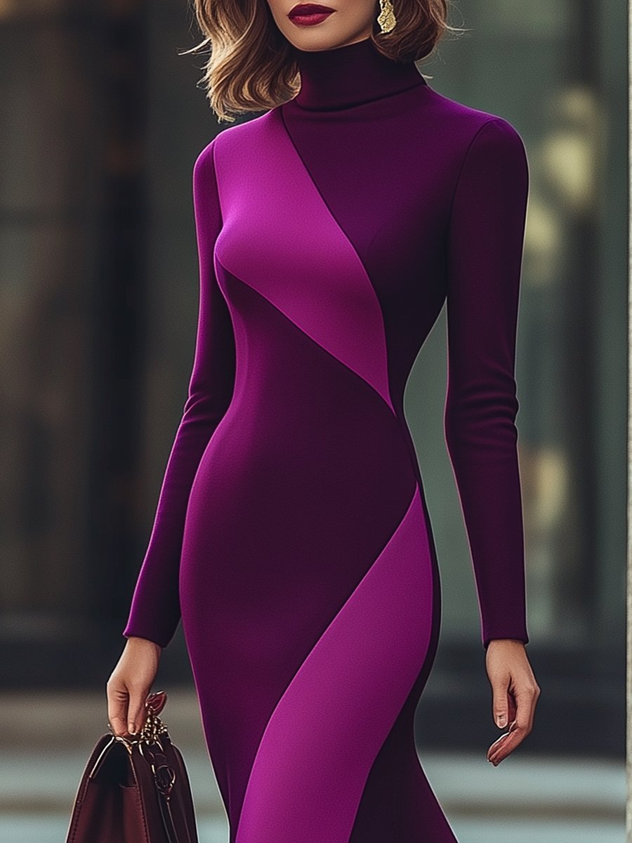 Elegant Plum and Lavender Slim-Fit High-Neck Dress MollyBoo