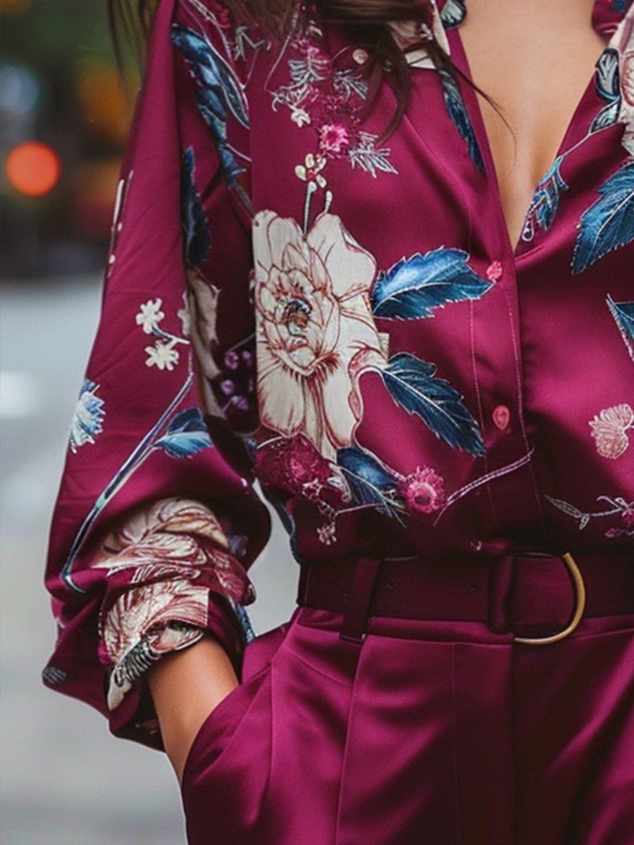 Vibrant Floral Print Burgundy Satin Blouse MollyBoo