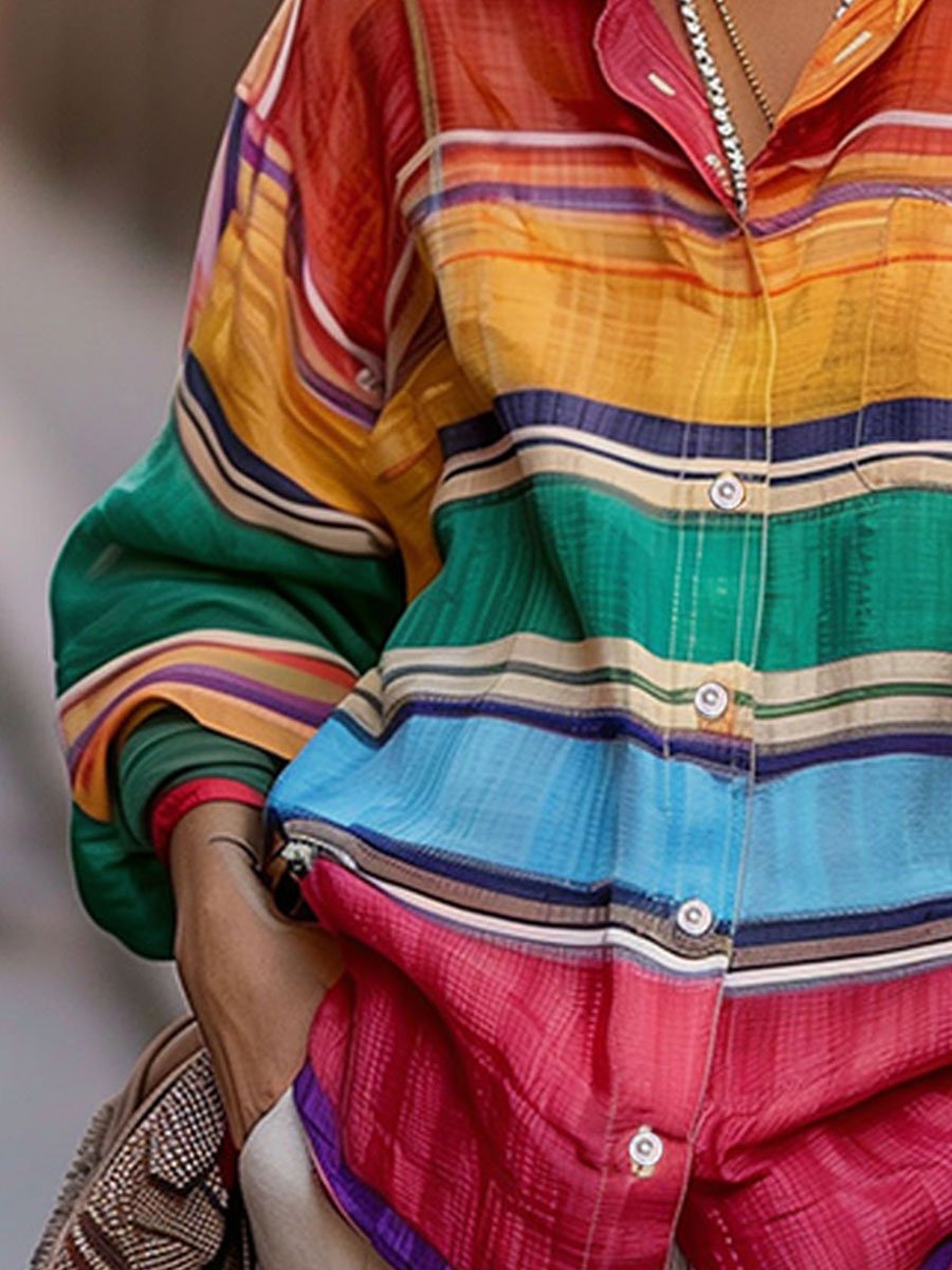 Chic Shirt Collar Rainbow Stripes Linen Blouse MollyBoo