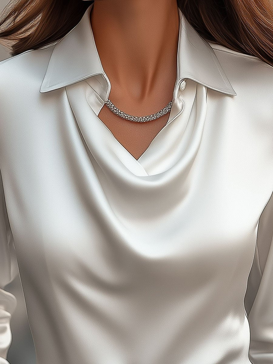 Elegant White Satin Blouse with Draped Neckline MollyBoo