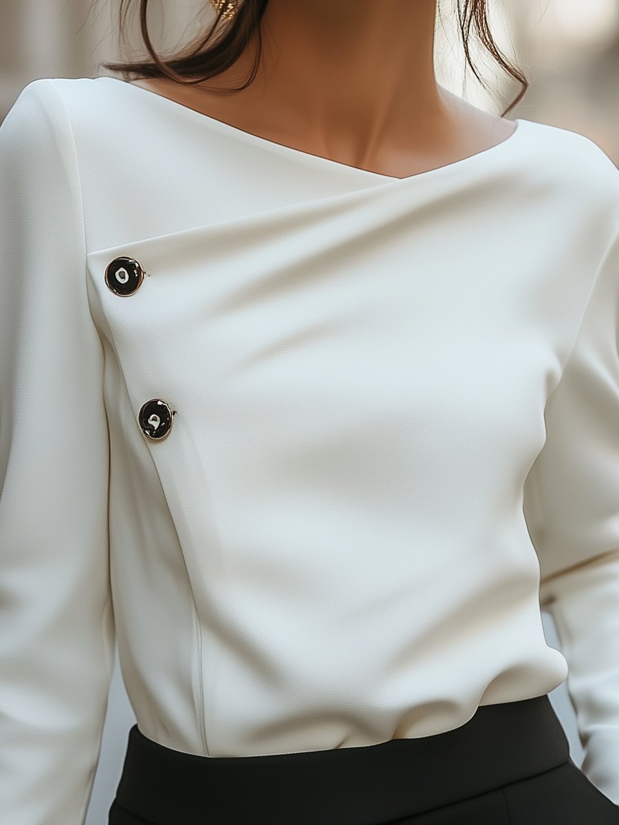 White Asymmetrical Buttoned Blouse MollyBoo