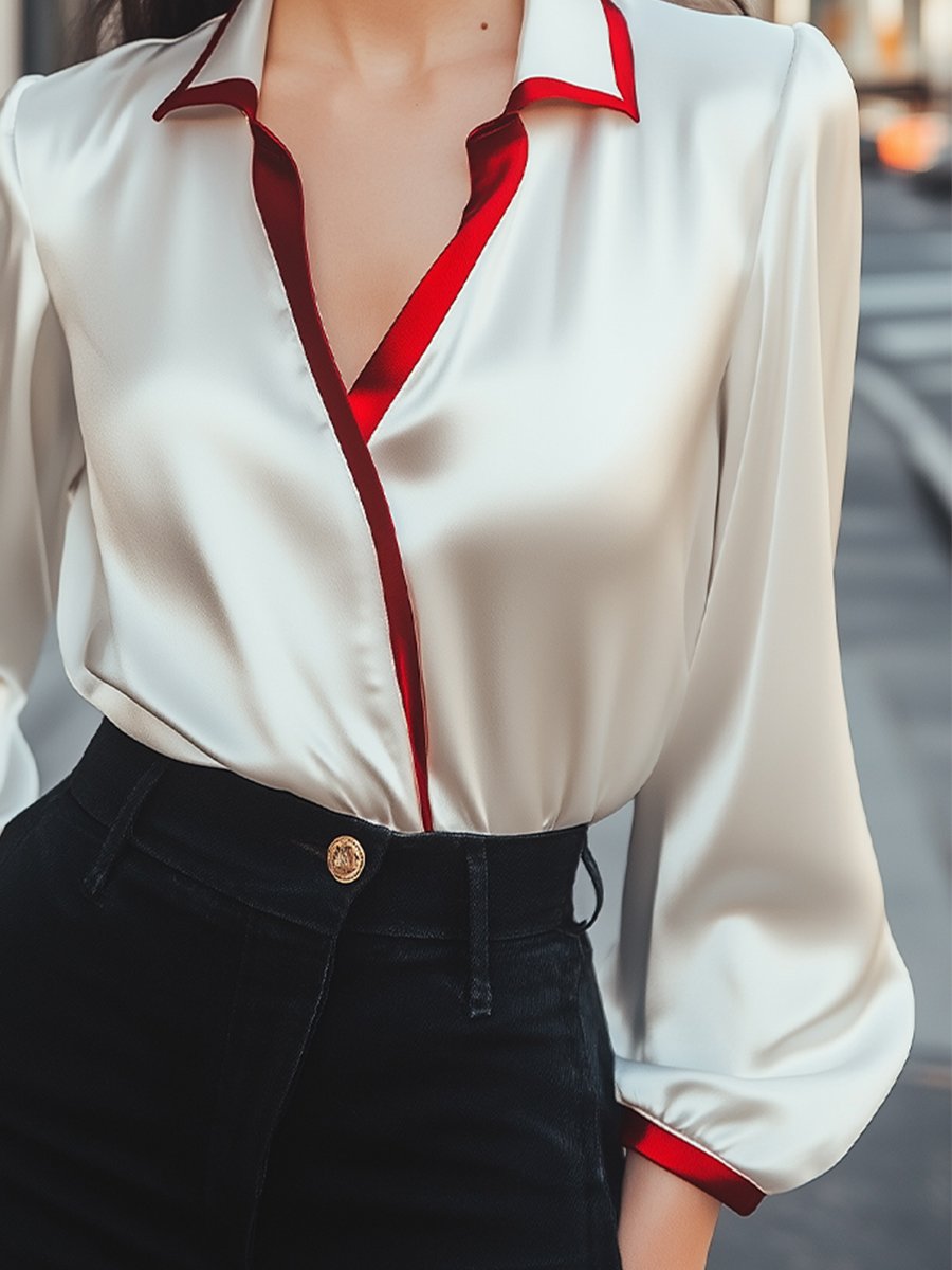 Contrast Collar Satin Blouse MollyBoo