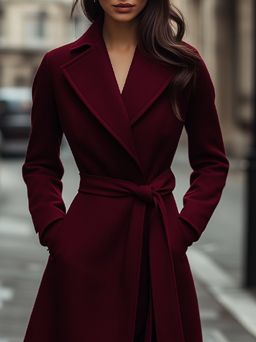 Structured Burgundy Wool Trench Coat with Feminine Fit MollyBoo