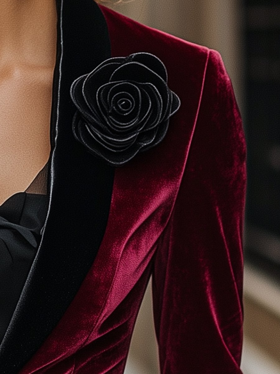 Burgundy Velvet Blazer with Satin Lapels and Black Rose Detail MollyBoo