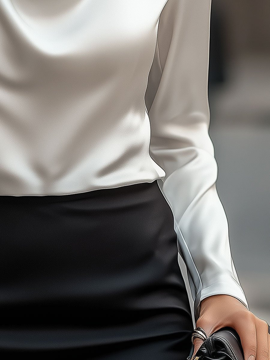 Elegant White Satin Blouse with Draped Neckline MollyBoo