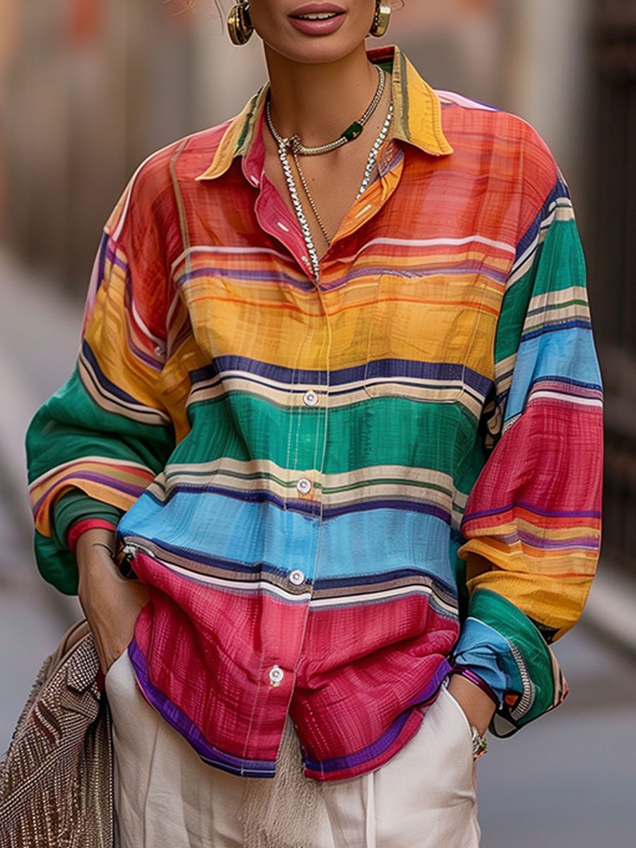 Chic Shirt Collar Rainbow Stripes Linen Blouse MollyBoo