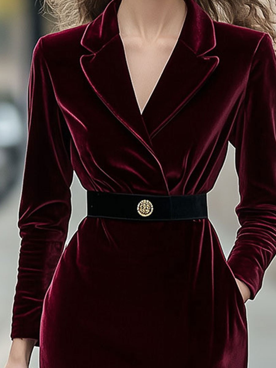 Classic Long-Sleeve Velvet Dress with Gold Accents MollyBoo