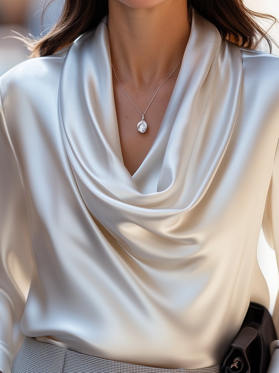 Ivory Satin Draped Cowl-Neck Blouse MollyBoo