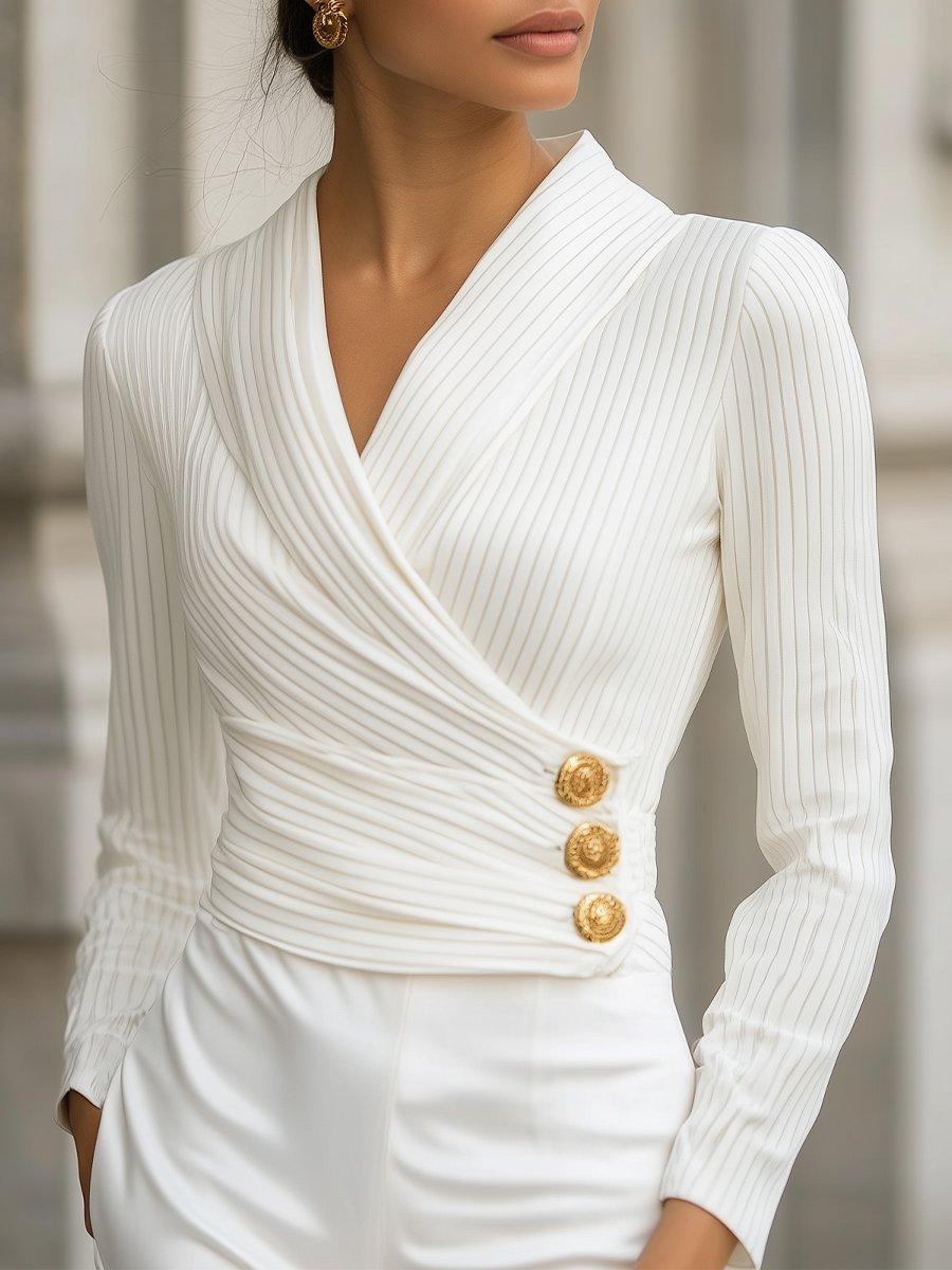 White Stripes Pleated Wrap Blouse with Gold Buttons MollyBoo