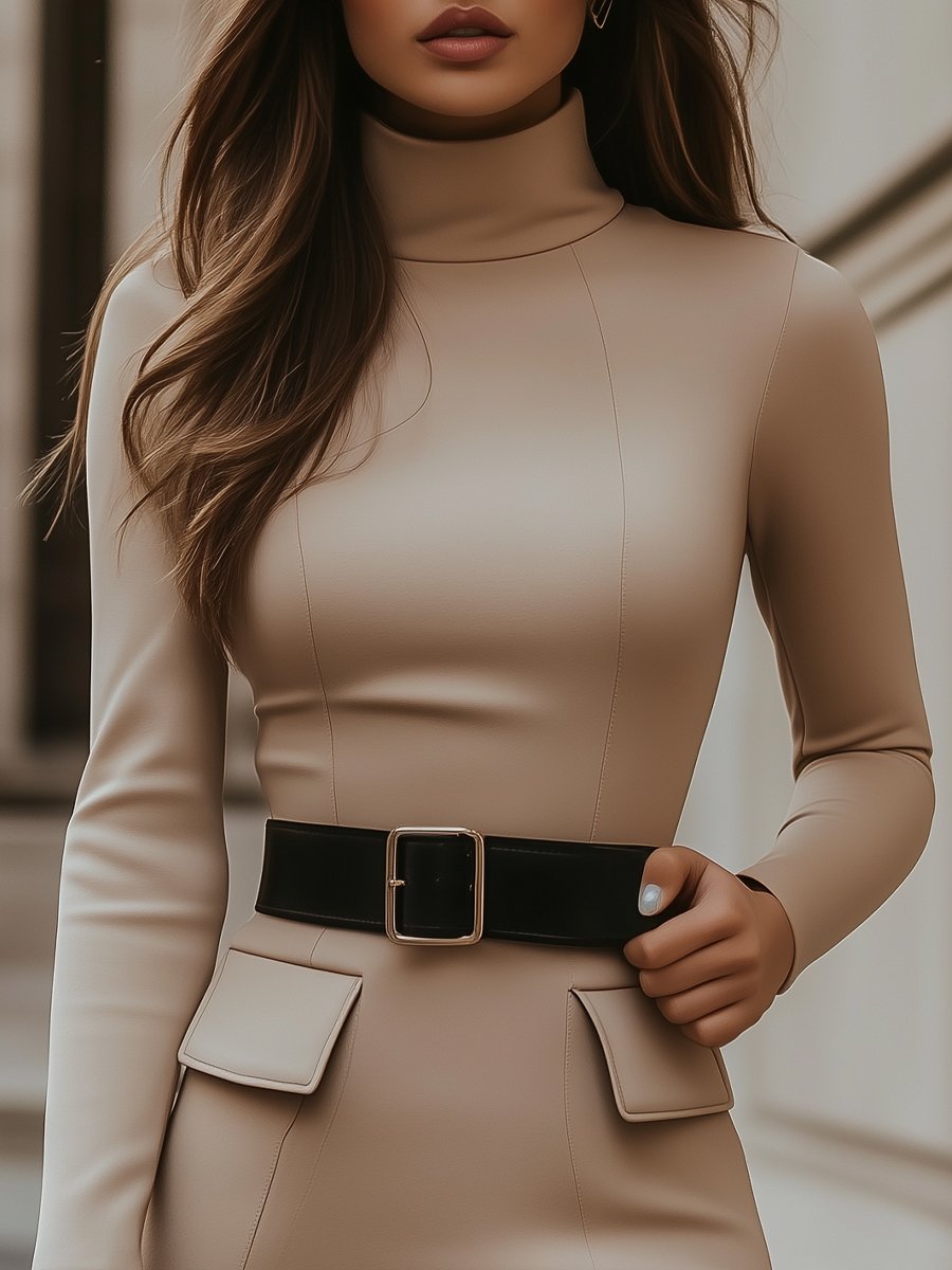 Beige Turtleneck Bodycon Dress with Black Belt Accent MollyBoo