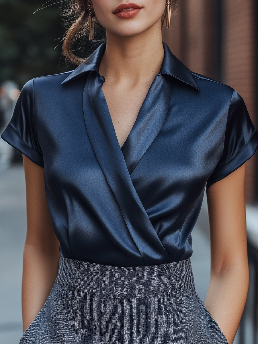 Navy Satin Short-Sleeve Wrap Blouse MollyBoo