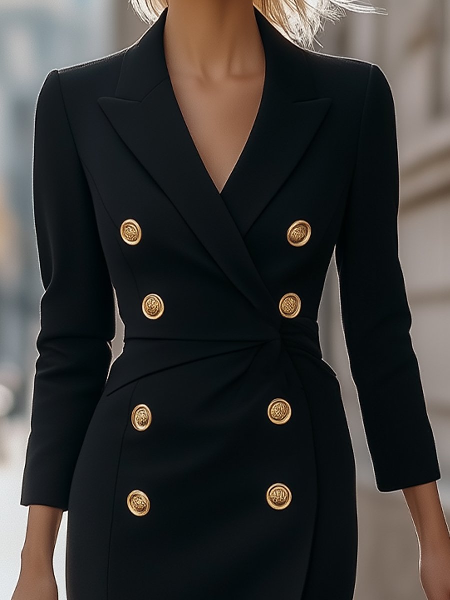 Black Double-Breasted Blazer Dress with Gold Buttons MollyBoo