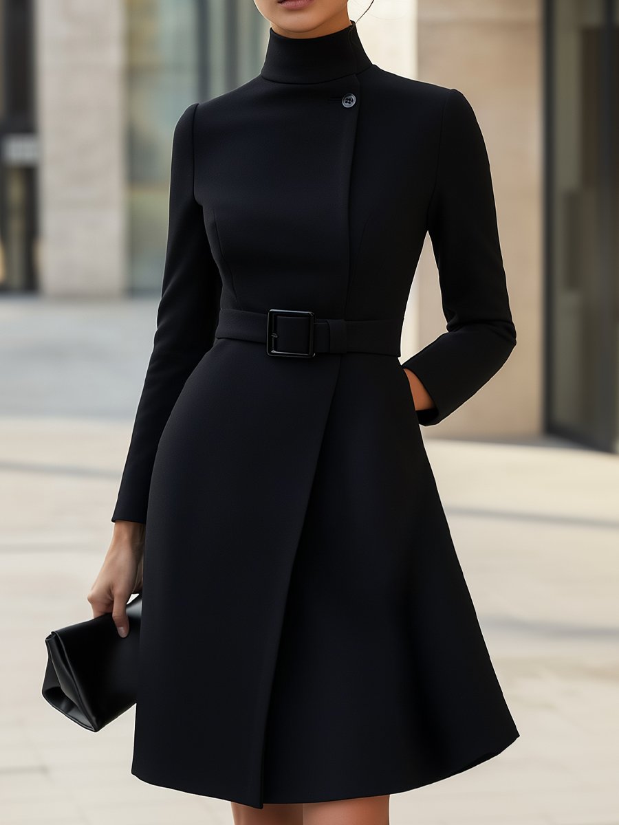Black High-Neck Asymmetric Belted A-Line Dress MollyBoo