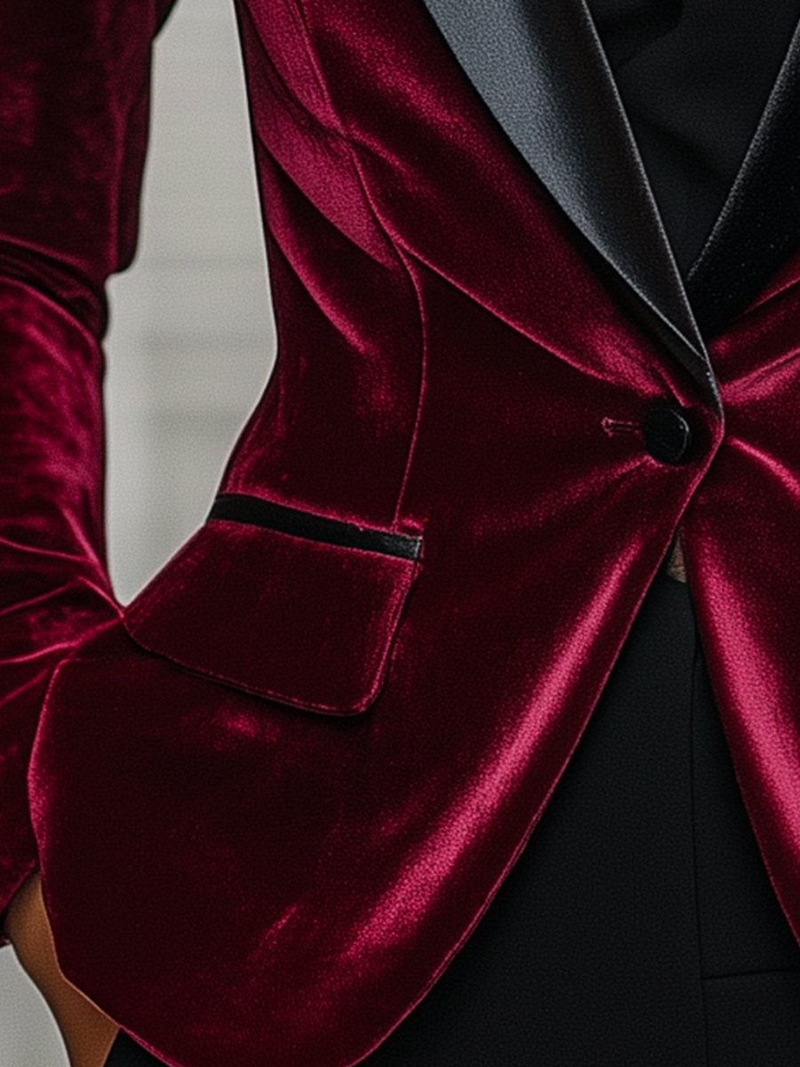 Burgundy Velvet Blazer with Satin Lapels and Black Rose Detail MollyBoo