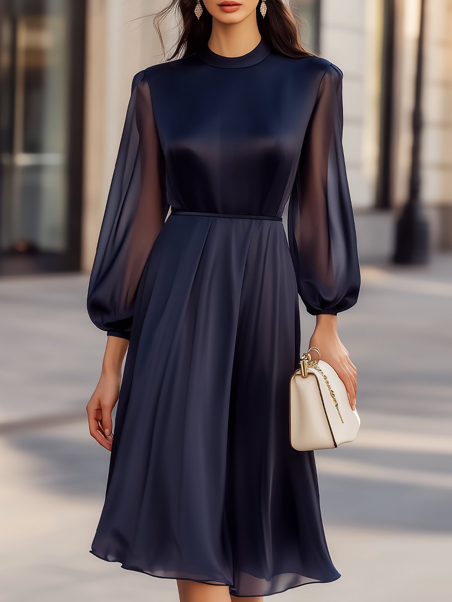 Elegant Navy Chiffon Dress with Sheer Sleeves MollyBoo