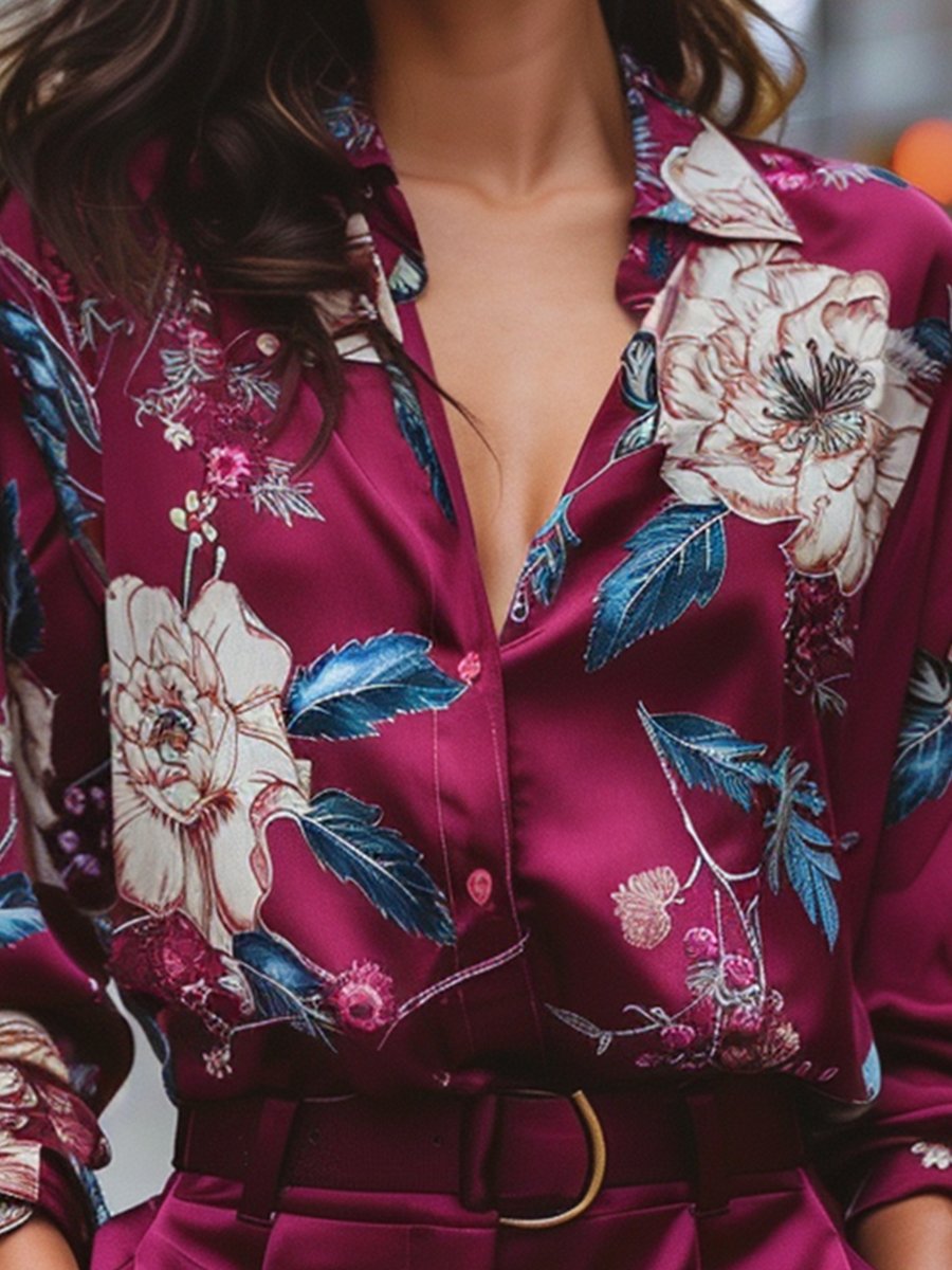 Vibrant Floral Print Burgundy Satin Blouse MollyBoo