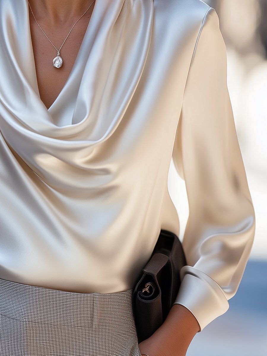 Ivory Satin Draped Cowl-Neck Blouse MollyBoo