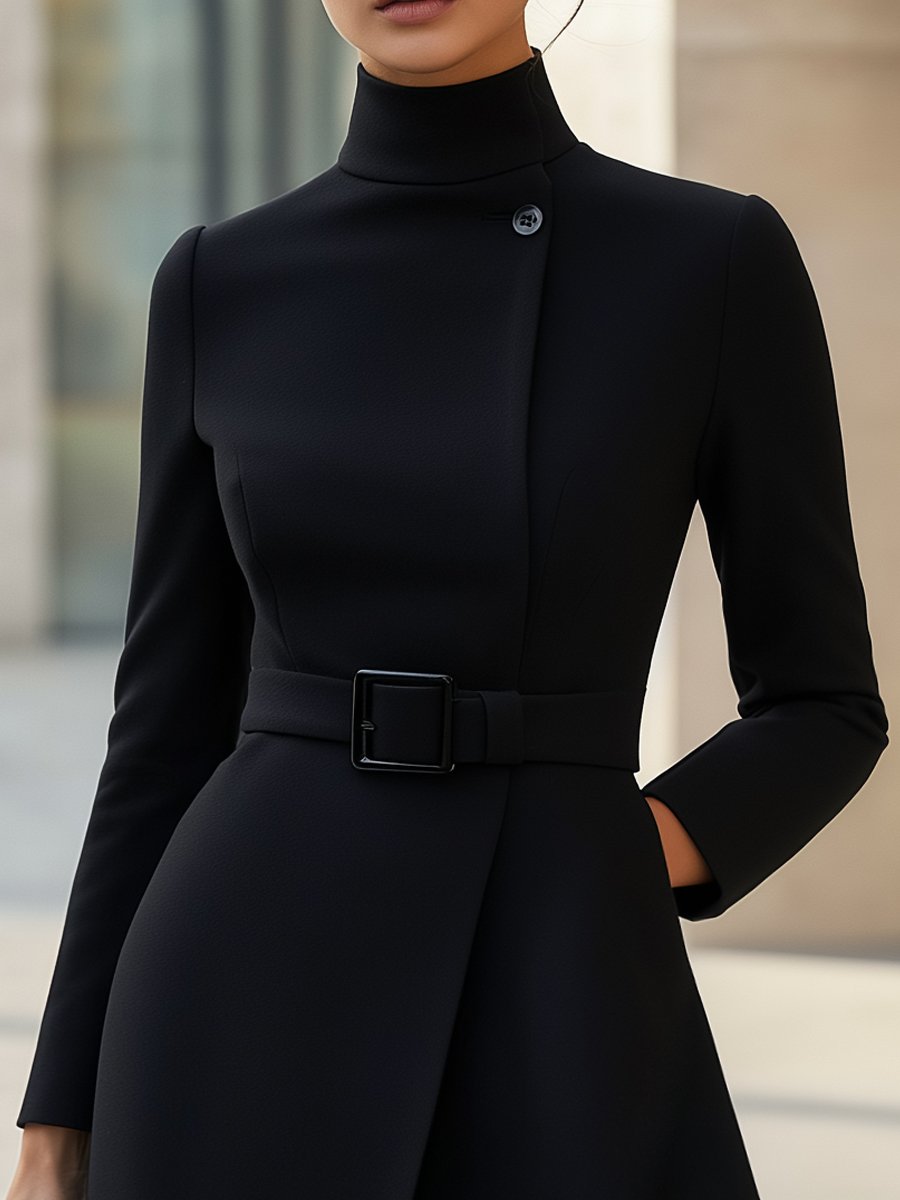 Black High-Neck Asymmetric Belted A-Line Dress MollyBoo