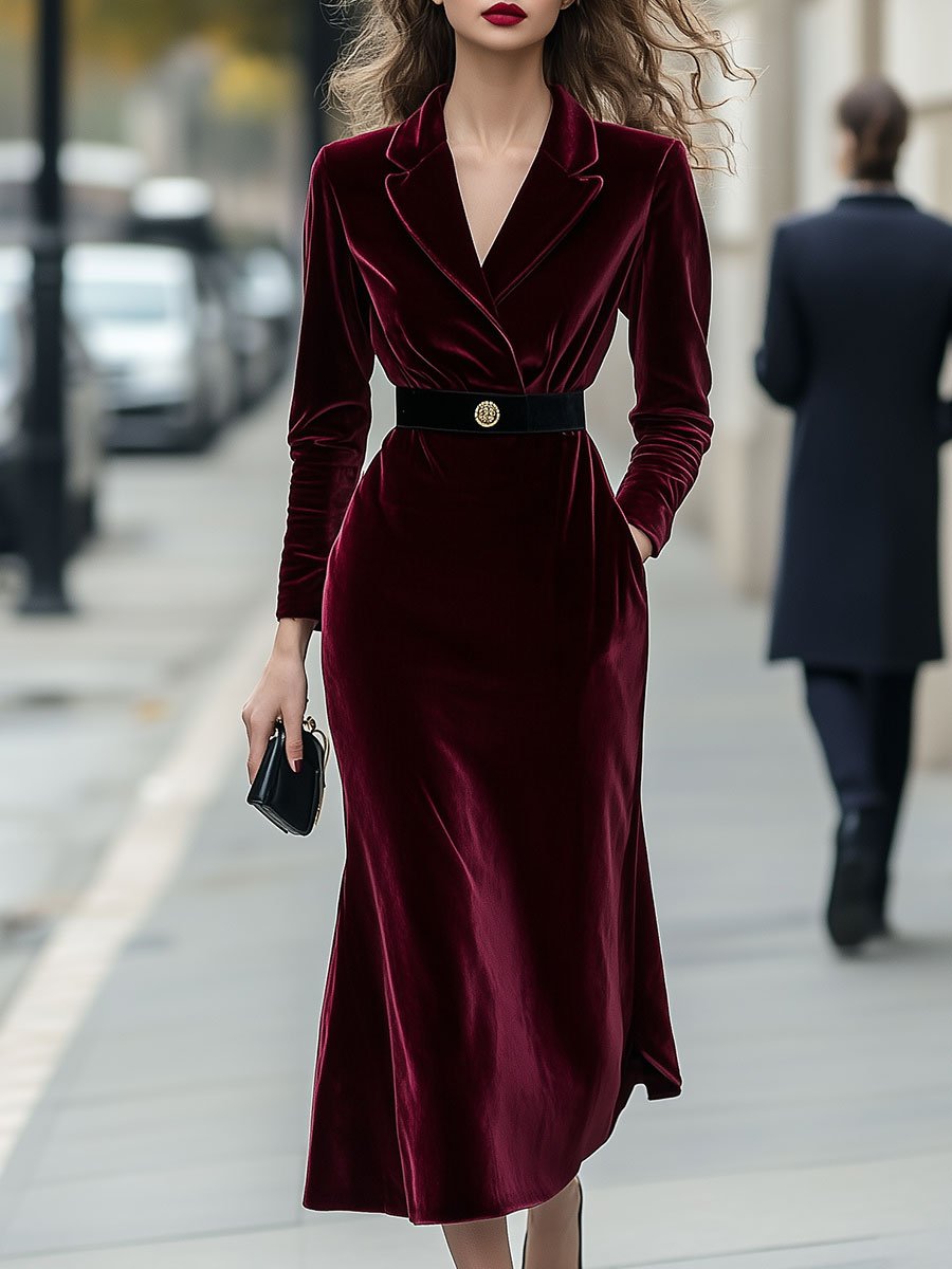 Classic Long-Sleeve Velvet Dress with Gold Accents MollyBoo