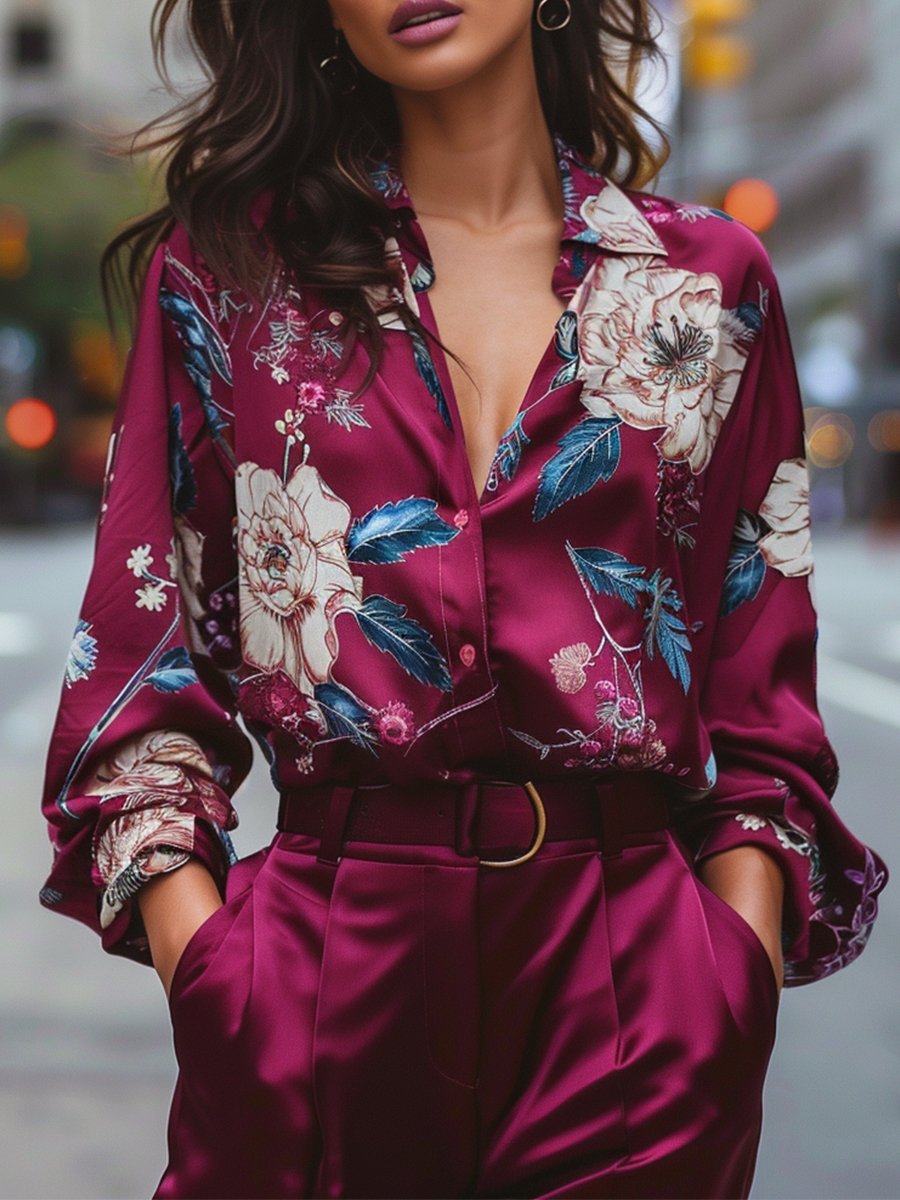 Vibrant Floral Print Burgundy Satin Blouse MollyBoo