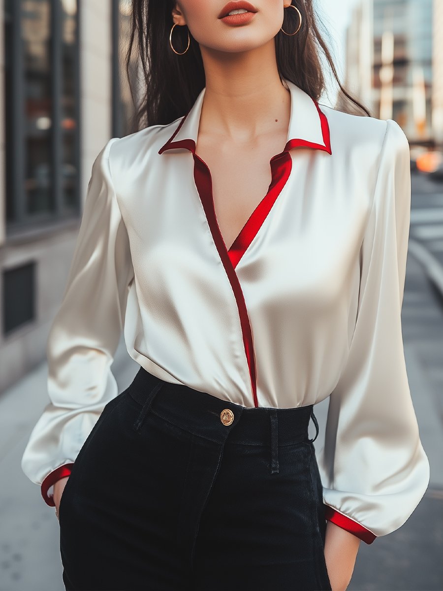 Contrast Collar Satin Blouse MollyBoo