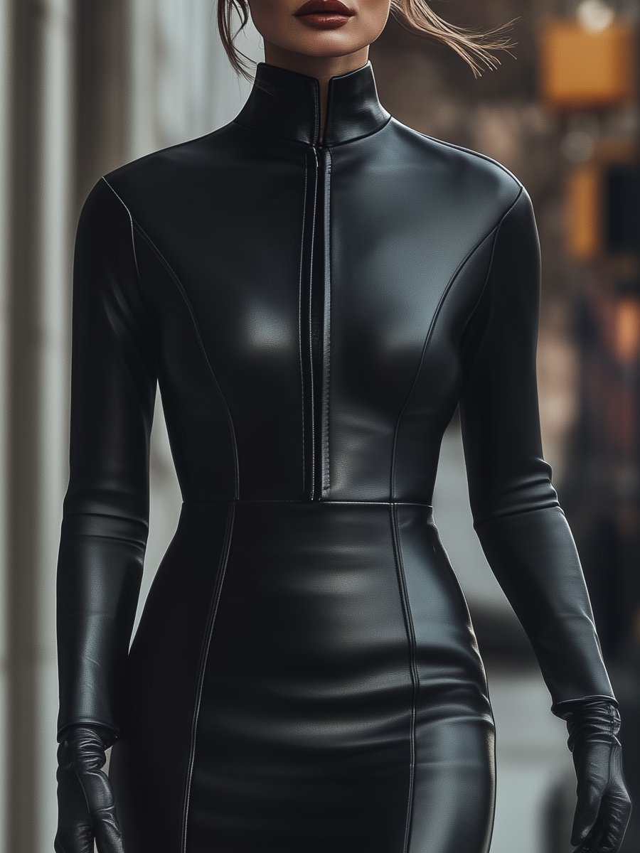 Elegant Black Zip-Up Faux Leather Dress MollyBoo