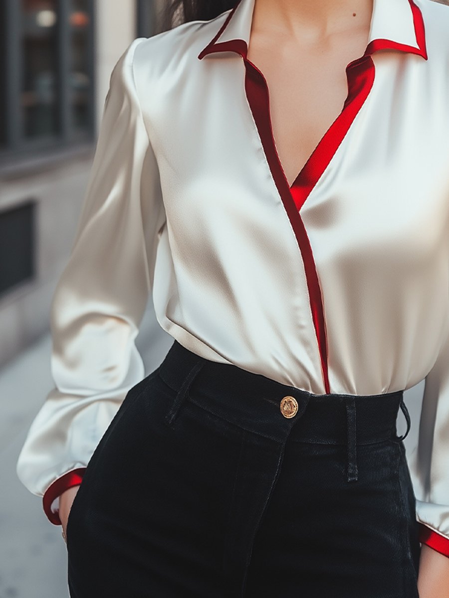 Contrast Collar Satin Blouse MollyBoo