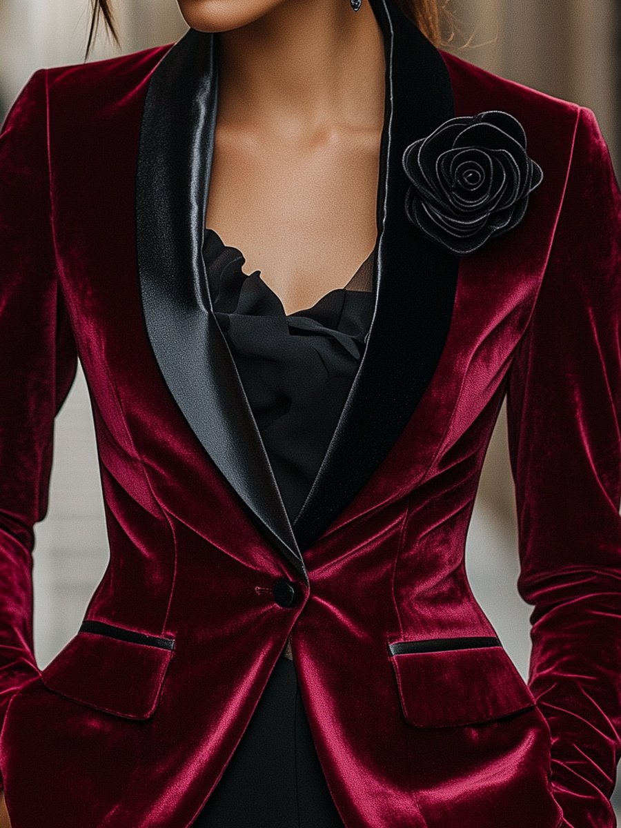Burgundy Velvet Blazer with Satin Lapels and Black Rose Detail MollyBoo