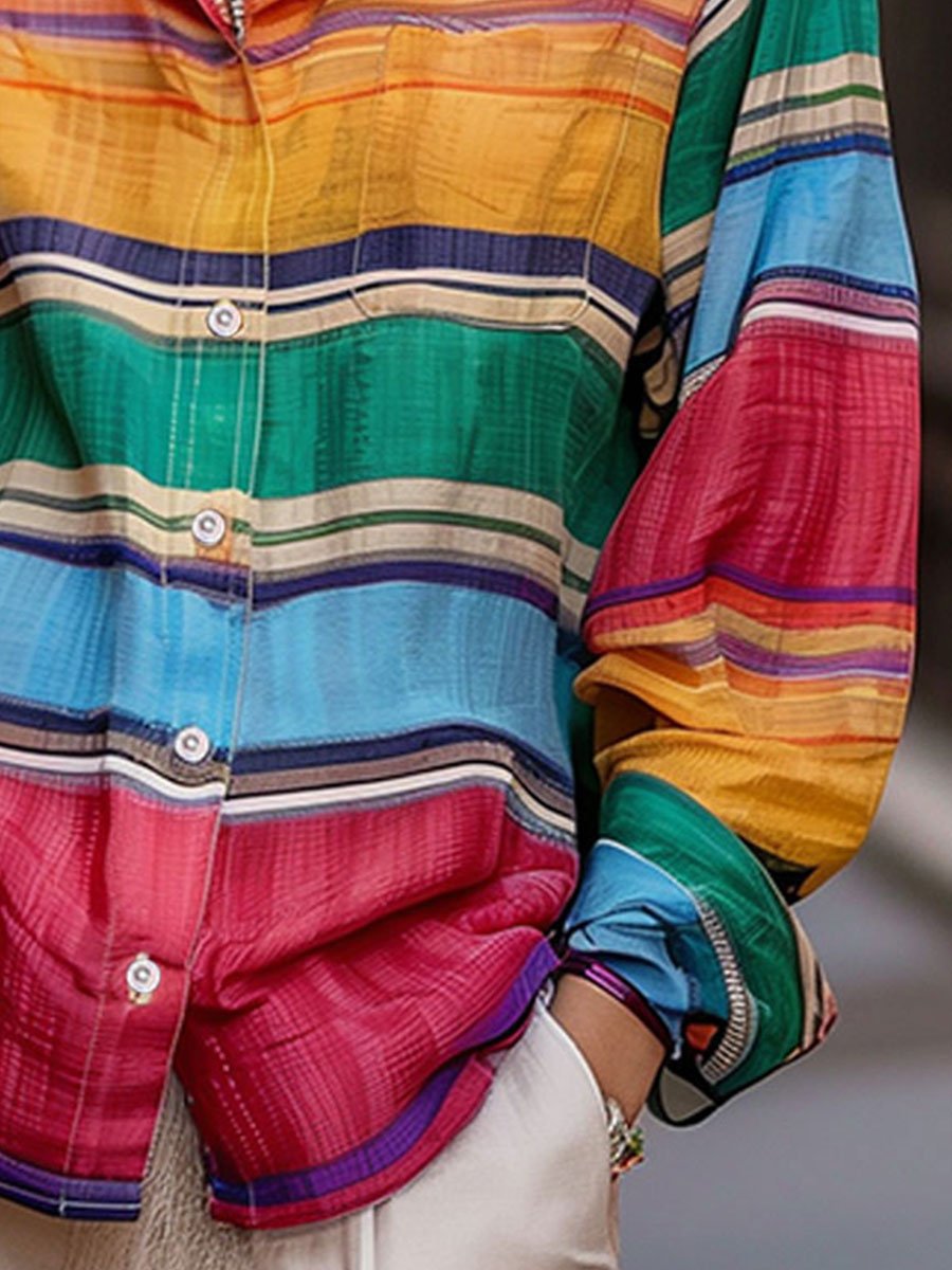 Chic Shirt Collar Rainbow Stripes Linen Blouse MollyBoo