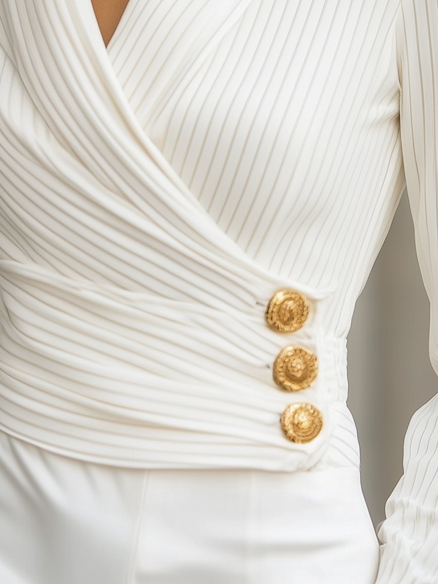 White Stripes Pleated Wrap Blouse with Gold Buttons MollyBoo