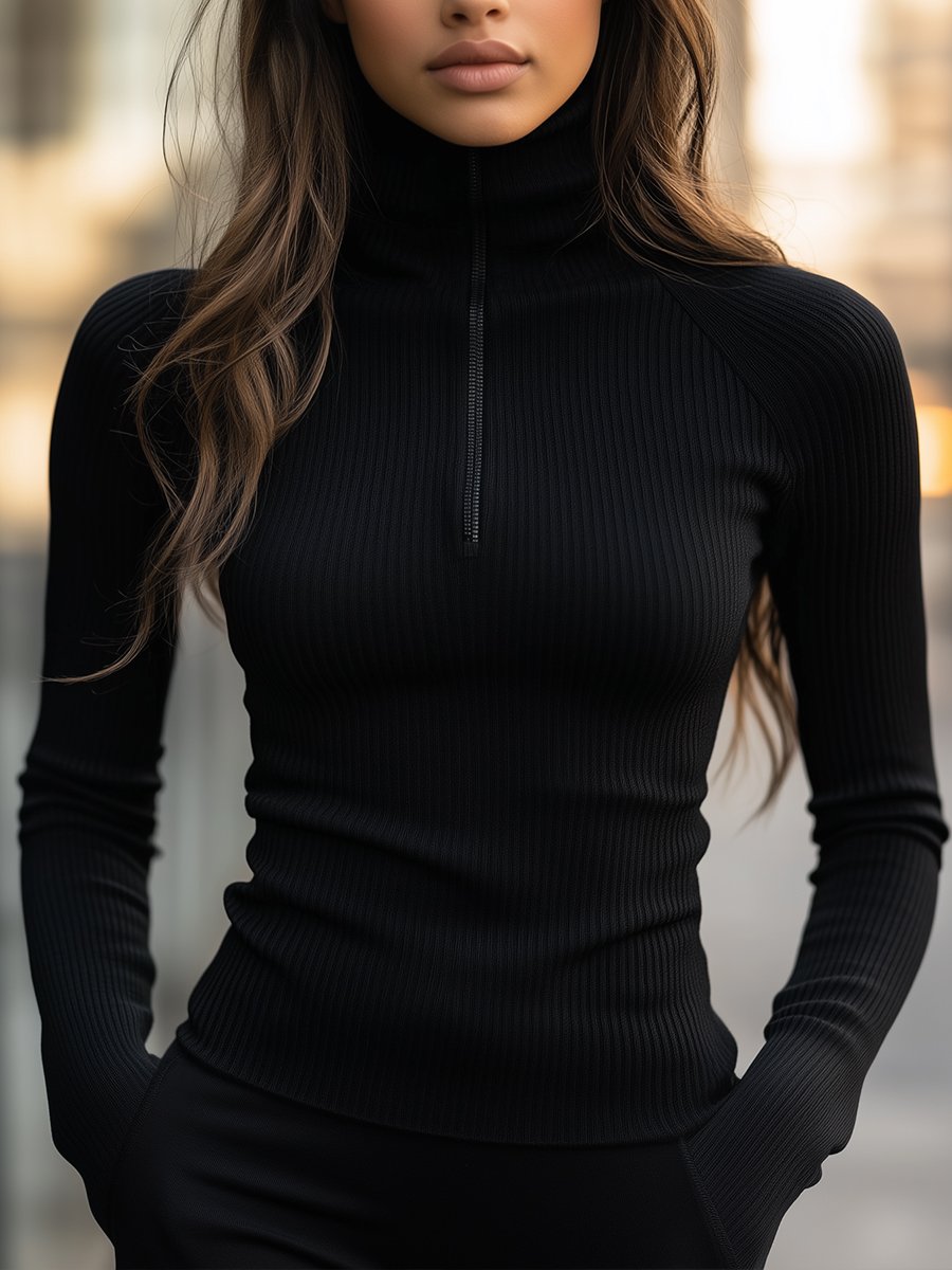 Sophisticated Black Ribbed Turtleneck Top with Zipper Detail MollyBoo
