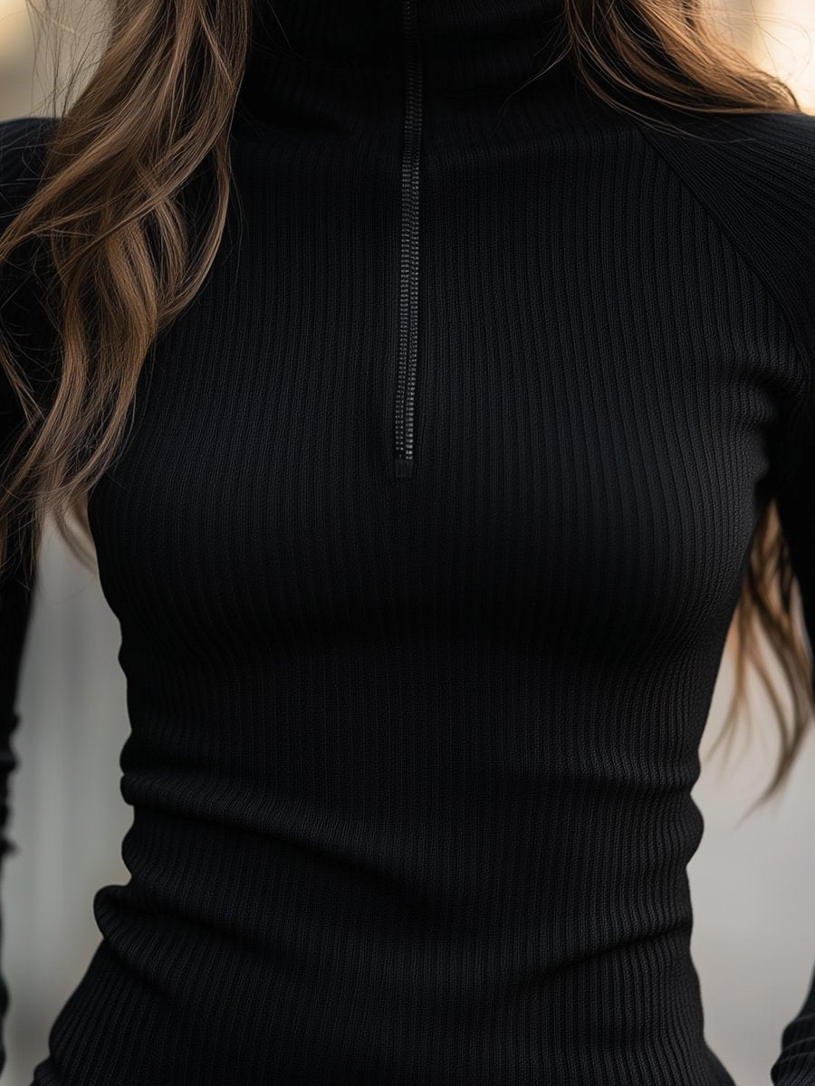 Sophisticated Black Ribbed Turtleneck Top with Zipper Detail MollyBoo