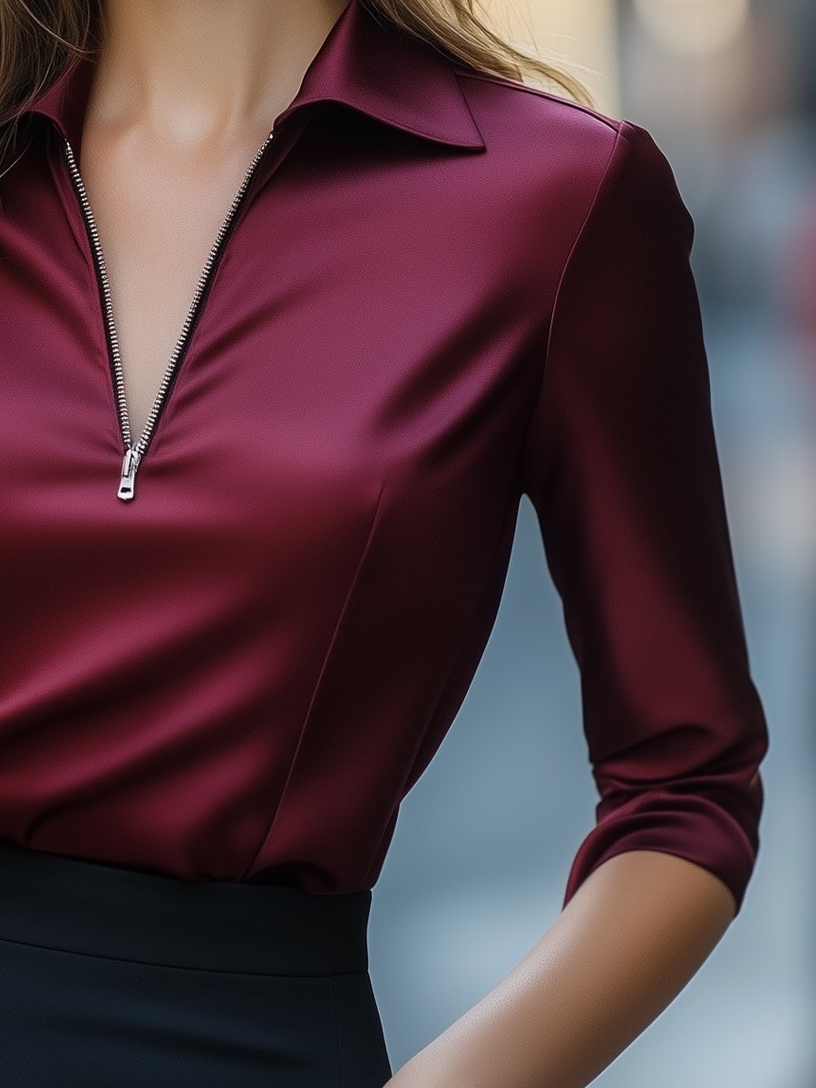 Burgundy Satin Zip-Up Blouse with Long Sleeves MollyBoo