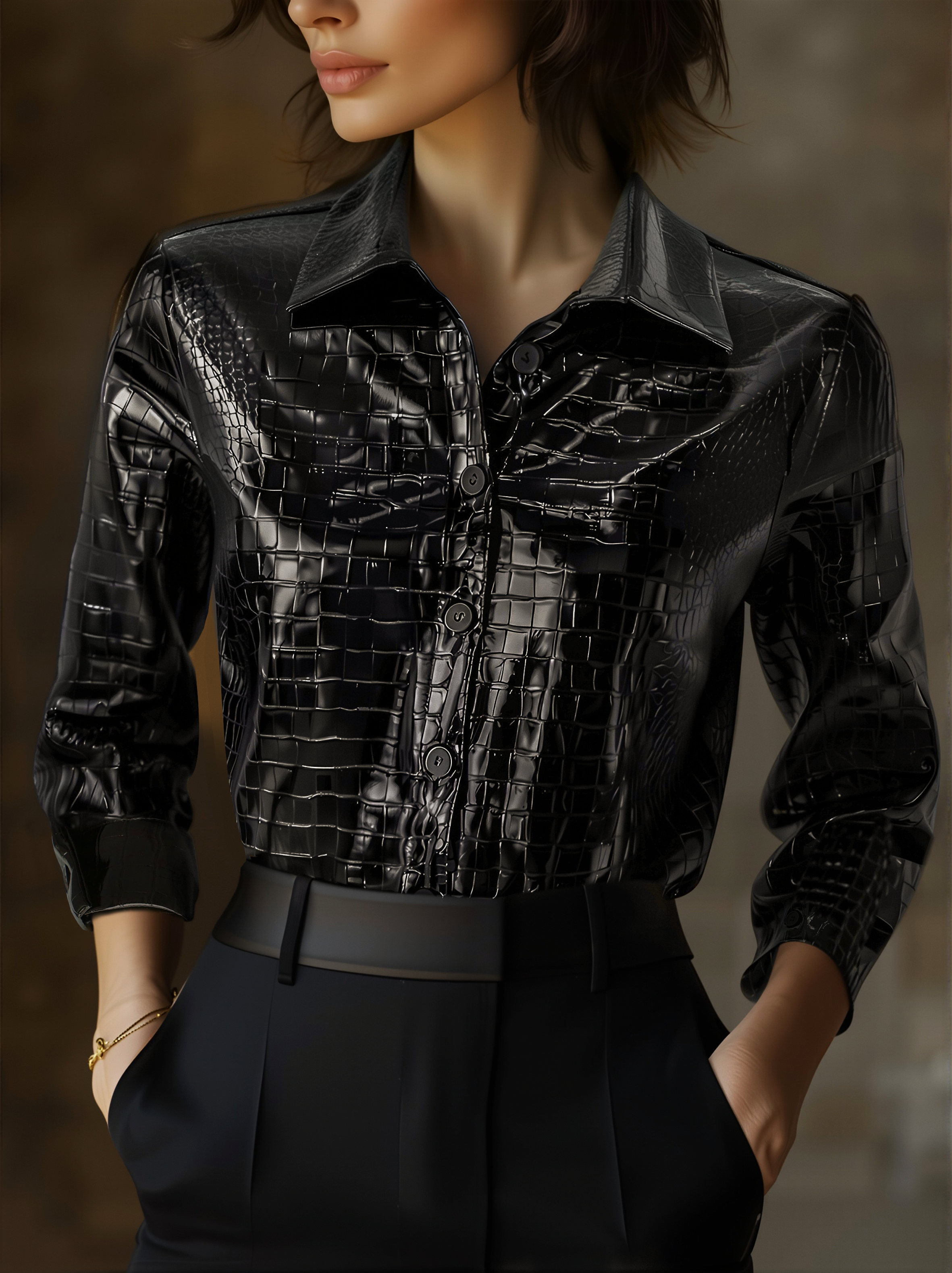 Glossy Black Crocodile Embossed Shirt MollyBoo