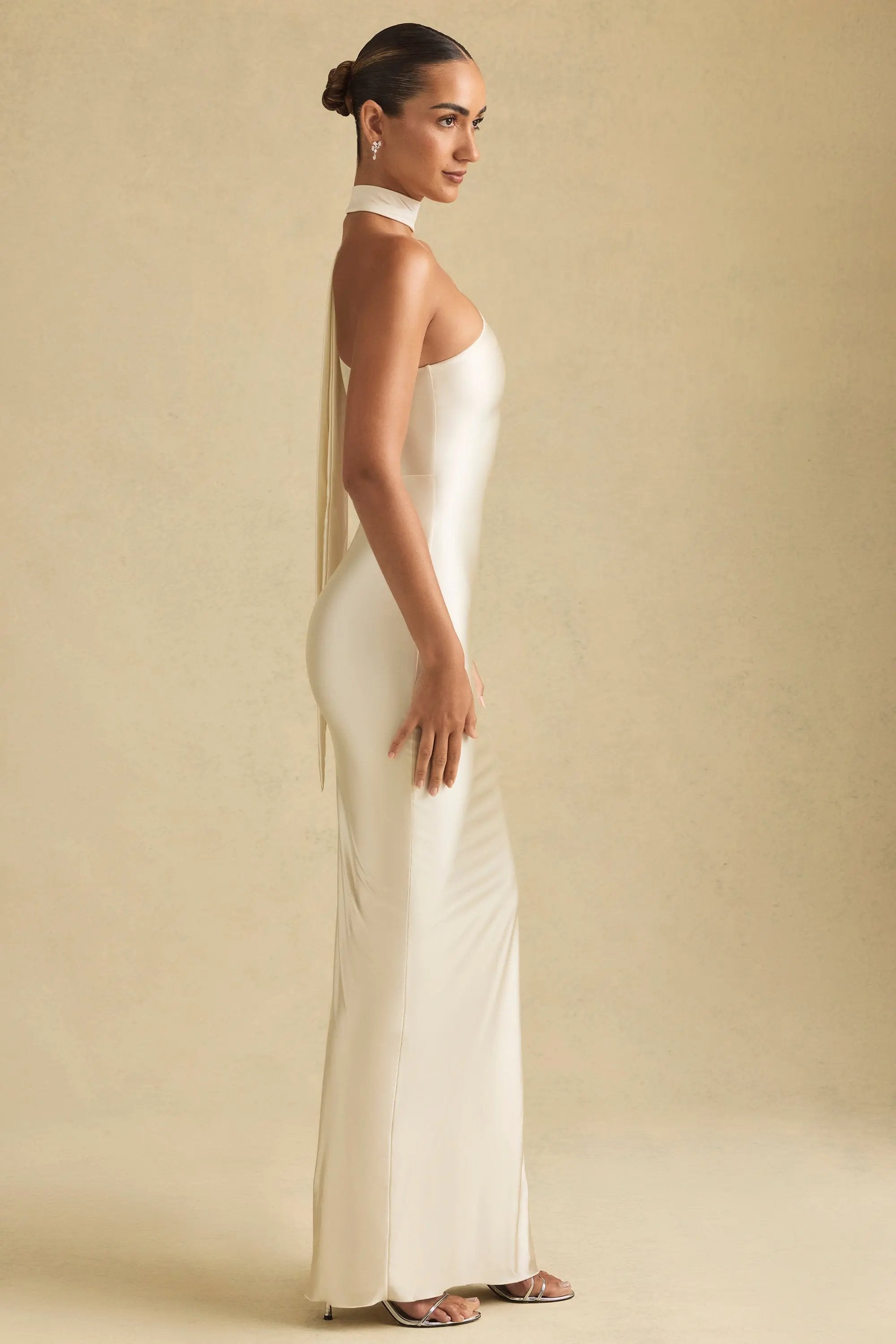 Asymmetric Scarf-Detail Maxi Dress in Ivory MollyBoo